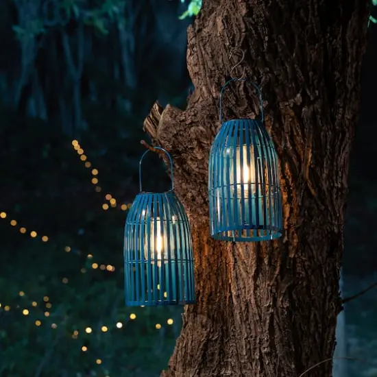 Glitzhome&reg; 9.75" Metal Woven Solar Powered Hanging Lantern, 2ct. Blue {5}