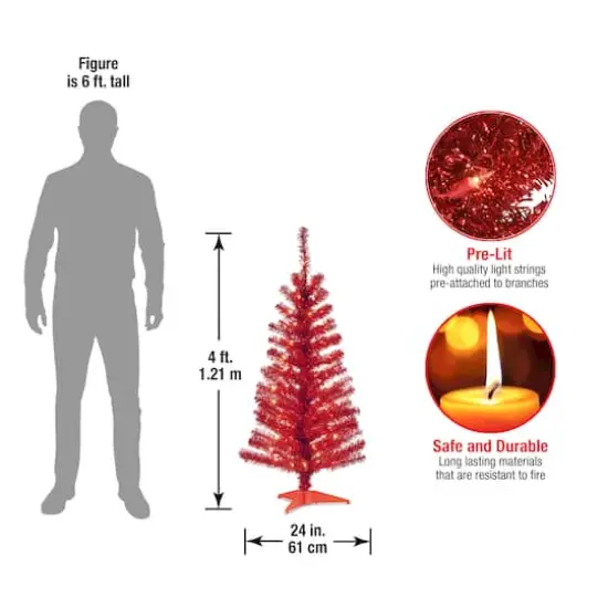 4ft. Pre-Lit Red Tinsel Artificial Christmas Tree, Clear Lights {6}