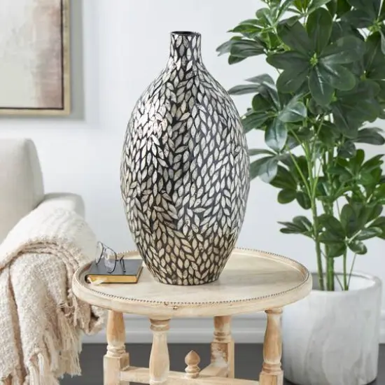 22" Black Mother of Pearl Handmade Mosaic Floral Inspired Vase {11}