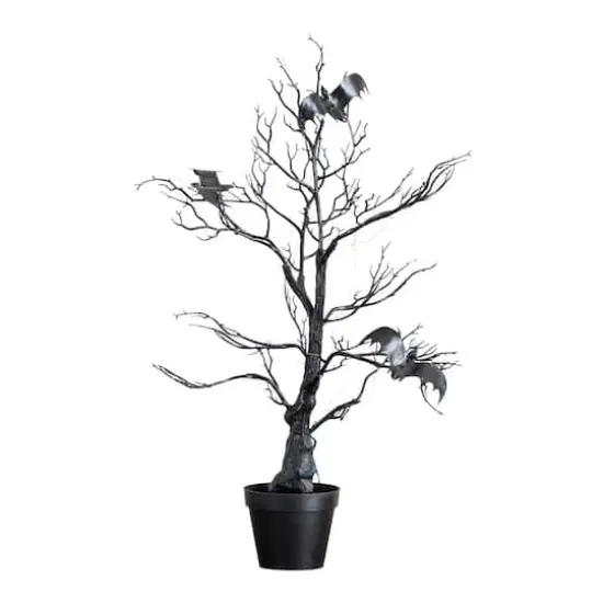 2ft. Pre-Lit Artificial Halloween Black Spooky Twig Tree with Bats and 40 Orange & Purple LED Lights {1}
