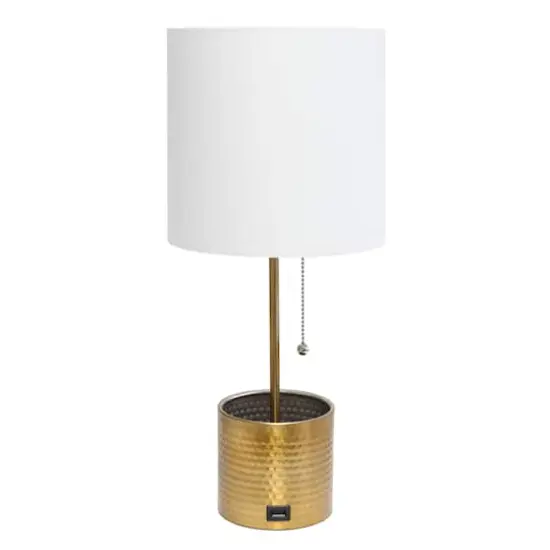 Simple Designs 18.5" Hammered Metal Container Base Table Lamp with USB Charging Port White/Gold {1}