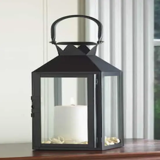 15" Sleek Black Metal Manhattan Candle Lantern with Handle {3}