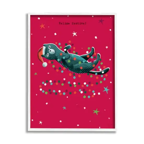 Stupell Industries Feline Festive Christmas Cat Black Framed Giclee Art White {1}