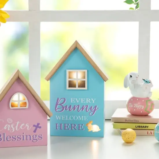 Glitzhome&reg; Lighted Easter Wooden House-Shaped Table D&eacute;cor Set {8}