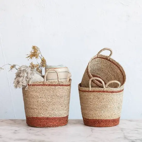 Hello Honey® Natural & Brown Striped Woven Seagrass Handled Nesting Basket Set {5}