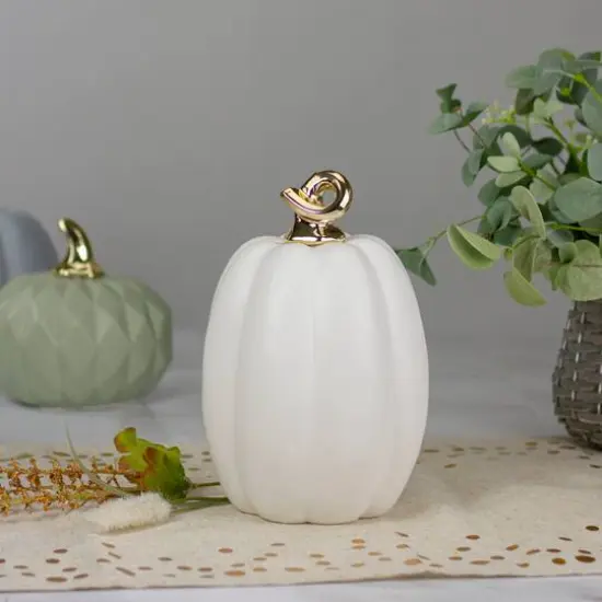 8" White & Gold Fall Harvest Ceramic Pumpkin Decoration {3}
