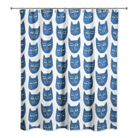 Blue Cat Face Pattern 71" x 74" Shower Curtain {1}