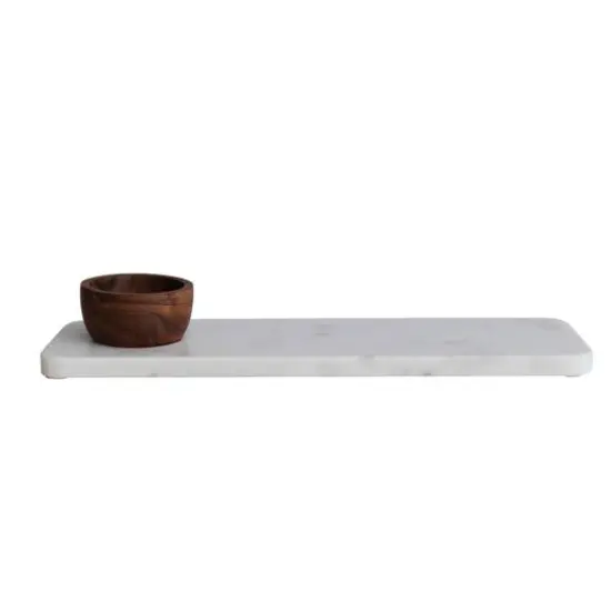 Hello Honey&reg; 15" White Modern Marble Charcuterie Board with Brown Acacia Wood Bowl {1}