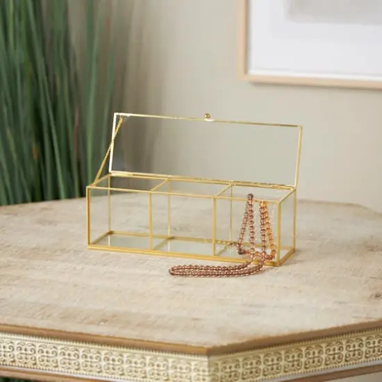 10" x 4" x 4" Clear & Gold 3-Slot Glass & Metal Slim Rectangular Jewelry Box with Chain Accent {3}