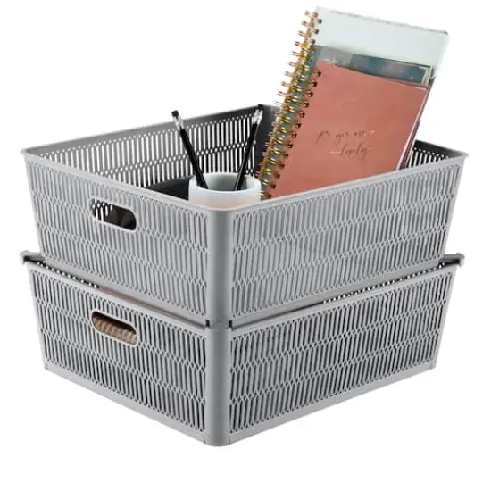 Simplify Slide 2 Stack It Shallow Tote Baskets, 2ct. Gray {5}