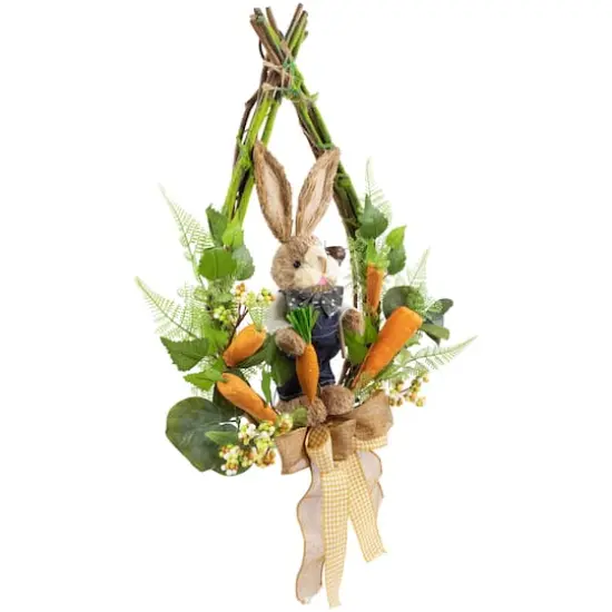 22" Green & Orange Farmer Bunny Moss Vines Teardrop Easter Wreath {6}