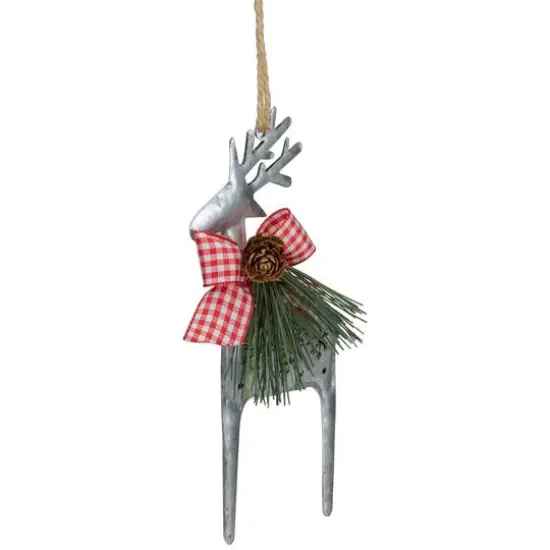6.25" Silver Metal Reindeer Christmas Ornament With Red Gingham Bowtie & Pine {10}