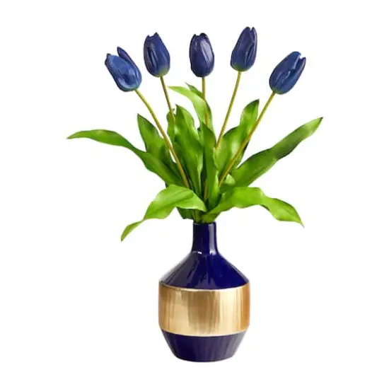 22" Blue Dutch Tulip Arrangement in Blue & Gold Designer Vase {1}