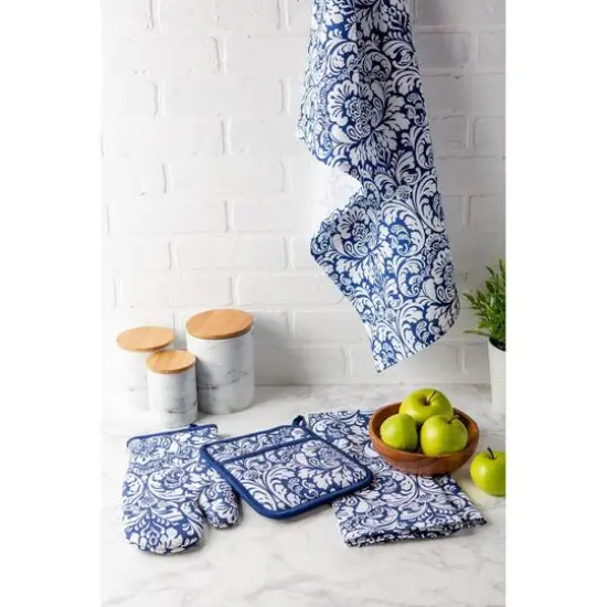 DII&reg; Damask Oven Mitt & Potholder Set Nautical Blue {5}