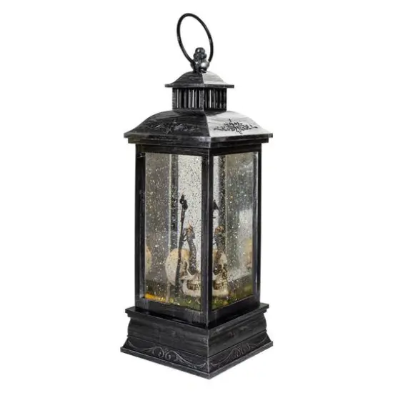 11" Black & Brushed Silver LED Skull Head Halloween Snow Globe Lantern {3}