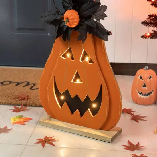 Glitzhome&reg; 30" Halloween Lighted Wood Floral Jack-O'-Lantern Porch D&eacute;cor with Timer {7}