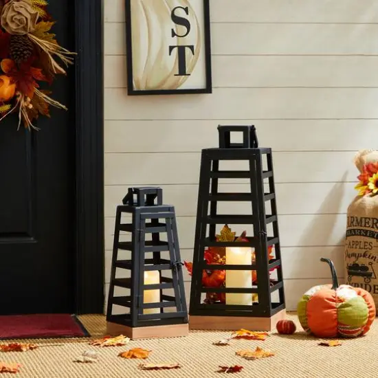 Glitzhome&reg; Black Modern Trapezoid Metal & Wood Lanterns Set {8}