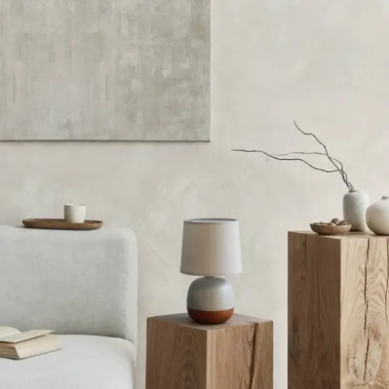 Simple Designs 12" Petite Mid Century Dark Woodgrain Base Table Lamp Light Gray {6}