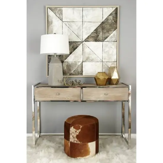 16" Brown Wood & Leather Farmhouse Ottoman {7}