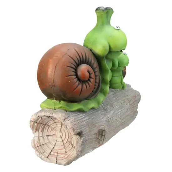 14.5" Green & Brown Mom with Baby Snail on a Tree Stump Garden Statue {3}