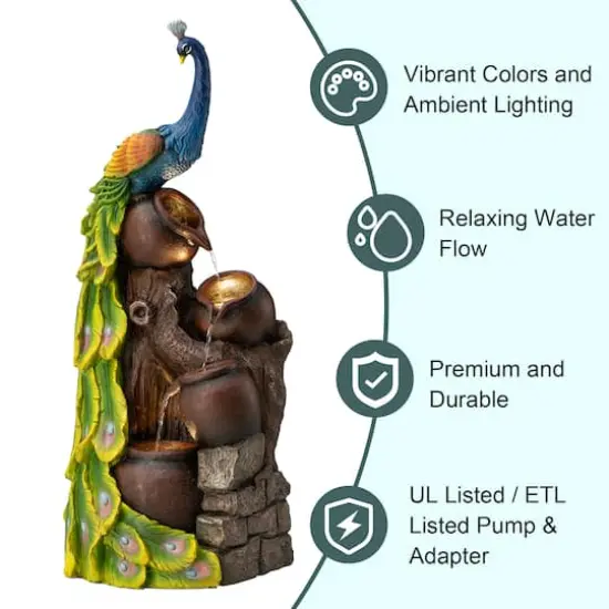 Glitzhome&reg; 40" LED 4-Tier Peacock & Jars Outdoor Floor Fountain {4}
