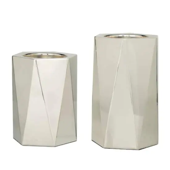 Silver Stainless Steel Glam Candle Holder, Set of 2" 10", 8" {5}