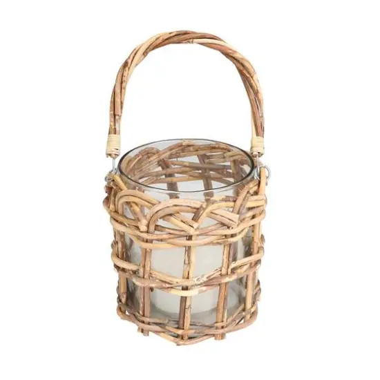 8" Clear Glass Handmade Candle Lantern with Brown Rattan Woven Exterior & Twisted Handle {1}