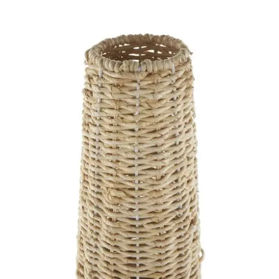Light Brown Rattan Handmade Woven Vase with Beige Metal Base {6}