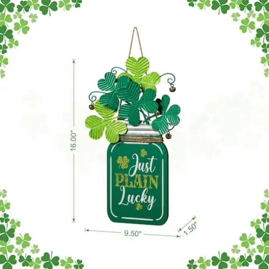 Glitzhome&reg; 16" St. Patrick's Wooden Mason Jar with Shamrock Door Hanger {7}