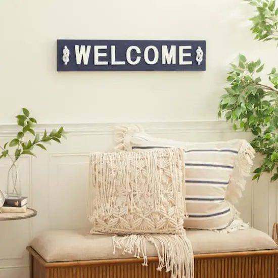 Coastal Blue and White Wood and Metal Welcome Sign, 6" x 32" x 2" {8}