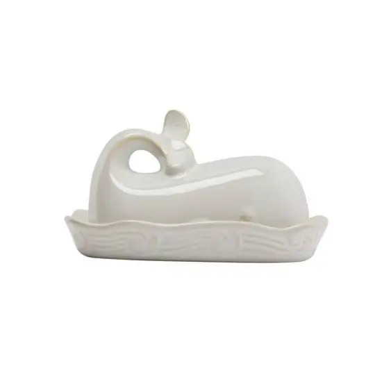 Hello Honey&reg; 7" White Coastal Stoneware Whale Shaped Butter Dish {3}