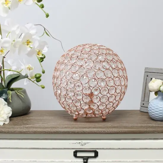 Lalia Home 10" Medium Metal Crystal Round Orb Table Lamp Rose Gold {5}