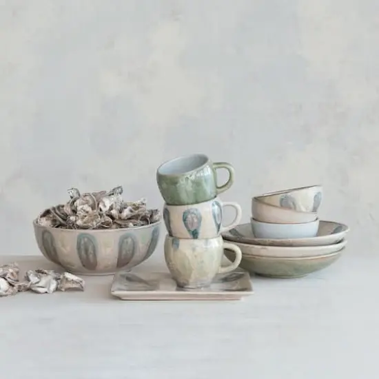 Hello Honey&reg; 5" Green, Tan & Blue Geometric Harmony Stoneware Bowls Set {4}