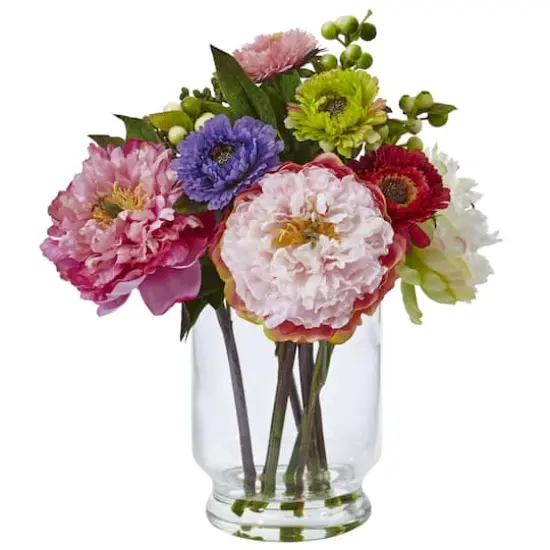 10.5" Peony & Mum Arrangement in Glass Vase {1}