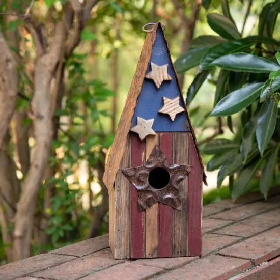 Glitzhome&reg; Distressed Wood & Metal Patriotic Bird House with Stars {6}