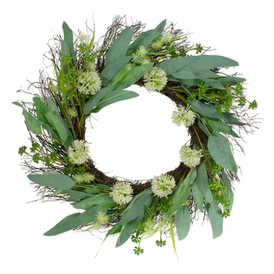 23" Green & White Olive Leaf & Floral Twig Spring Wreath {1}