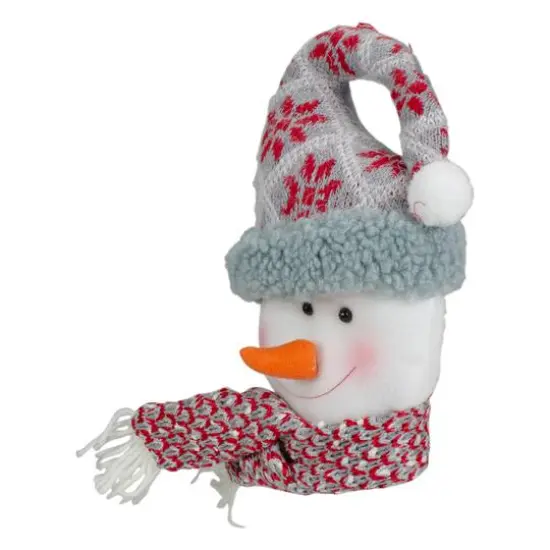 11" Gray & Red Plush Knit Snowman Head Christmas Ornament {3}