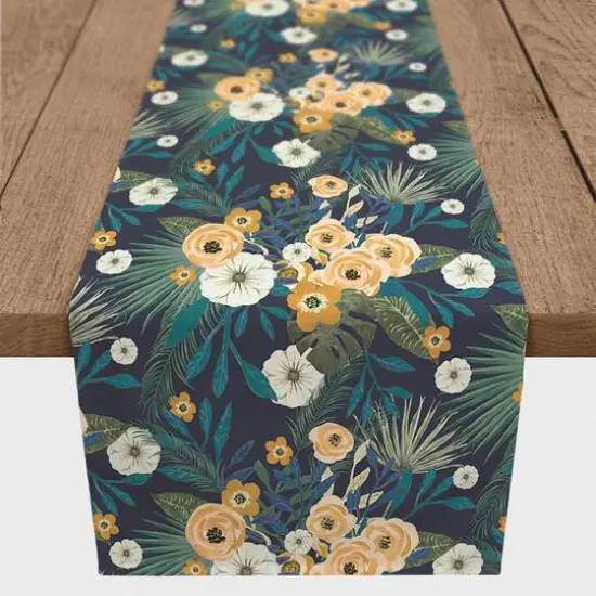 72" Tropical Floral Cotton Twill Runner Navy {1}