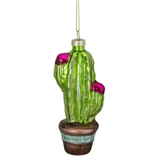 Green And Pink Potted Cactus Glass Ornament {10}