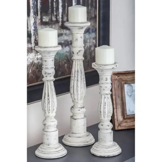 Distressed White Mango Wood Traditional Pillar Candle Holder {10}