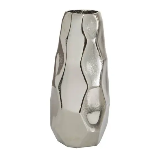 Contemporary Geometric-Style Metallic Silver Aluminum Vase, 12" x 5.7" x 5.4" {6}