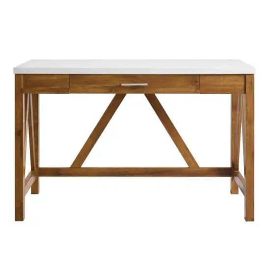 Walker Edison 46" Natural Walnut/Faux White Marble A Frame Wood Computer Desk with Drawer {1}