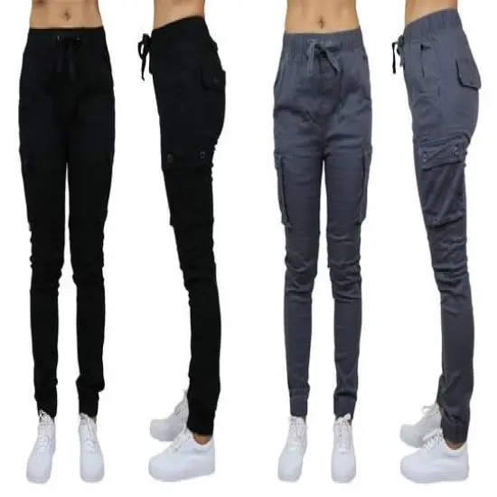 Galaxy By Harvic Loose Fit Cotton Stretch Twill Women's Cargo Joggers 2 Pack Black/Grey {1}