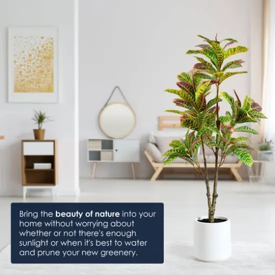 American Art Decor 4ft. Realistic Artificial Croton Tree in White Pot {6}