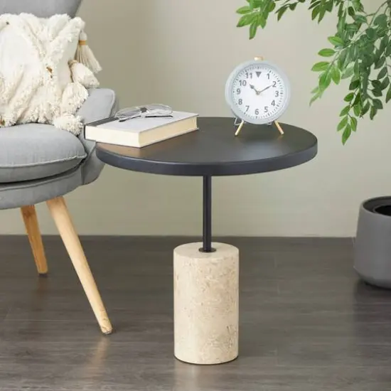 20.5" Black Wood Accent Table with Ivory Marble Base {9}