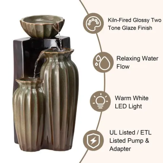 Glitzhome&reg; 26.75" 3-Tier LED Fluted Textured Ceramic Outdoor Floor Fountain Olive Green and Brown {7}