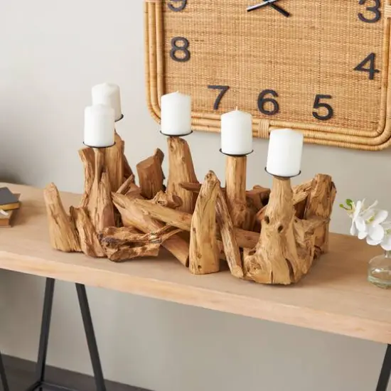 27" Brown Teak Wood Handmade Live Edge Candelabra {9}