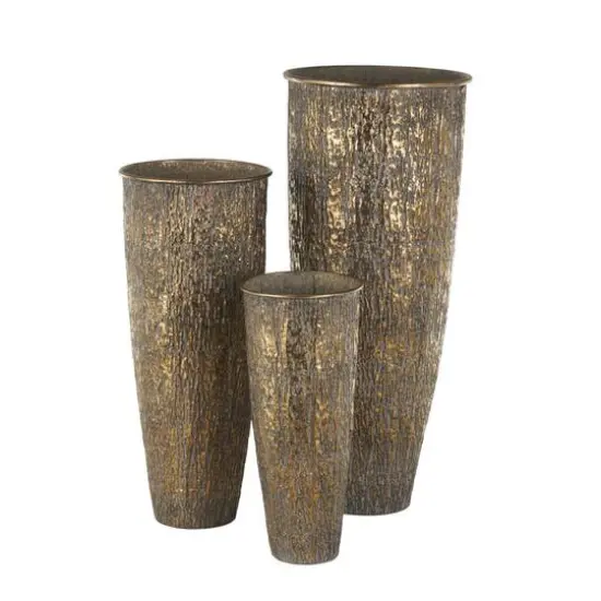 Brass Metal Abstract Tapered Textured Floor Decorative Vase with Gray Backing Set {3}