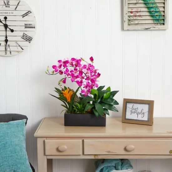 23.5" Purple Pigeon Orchid & Bromeliad Arrangement in Black Rectangle Planter {6}