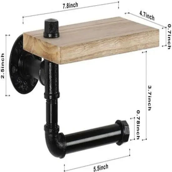 Natural Brown Industrial Wall-Mounted Rustic Toilet Paper Holder with Wood Shelf {3}